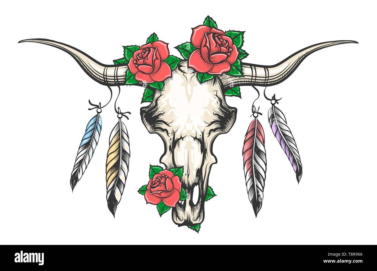 Stier Schädel mit rosa Blüten auf ihren Kopf und mit Federn hängen von den Hörnern. Vector Illustration. Stock Vektor
