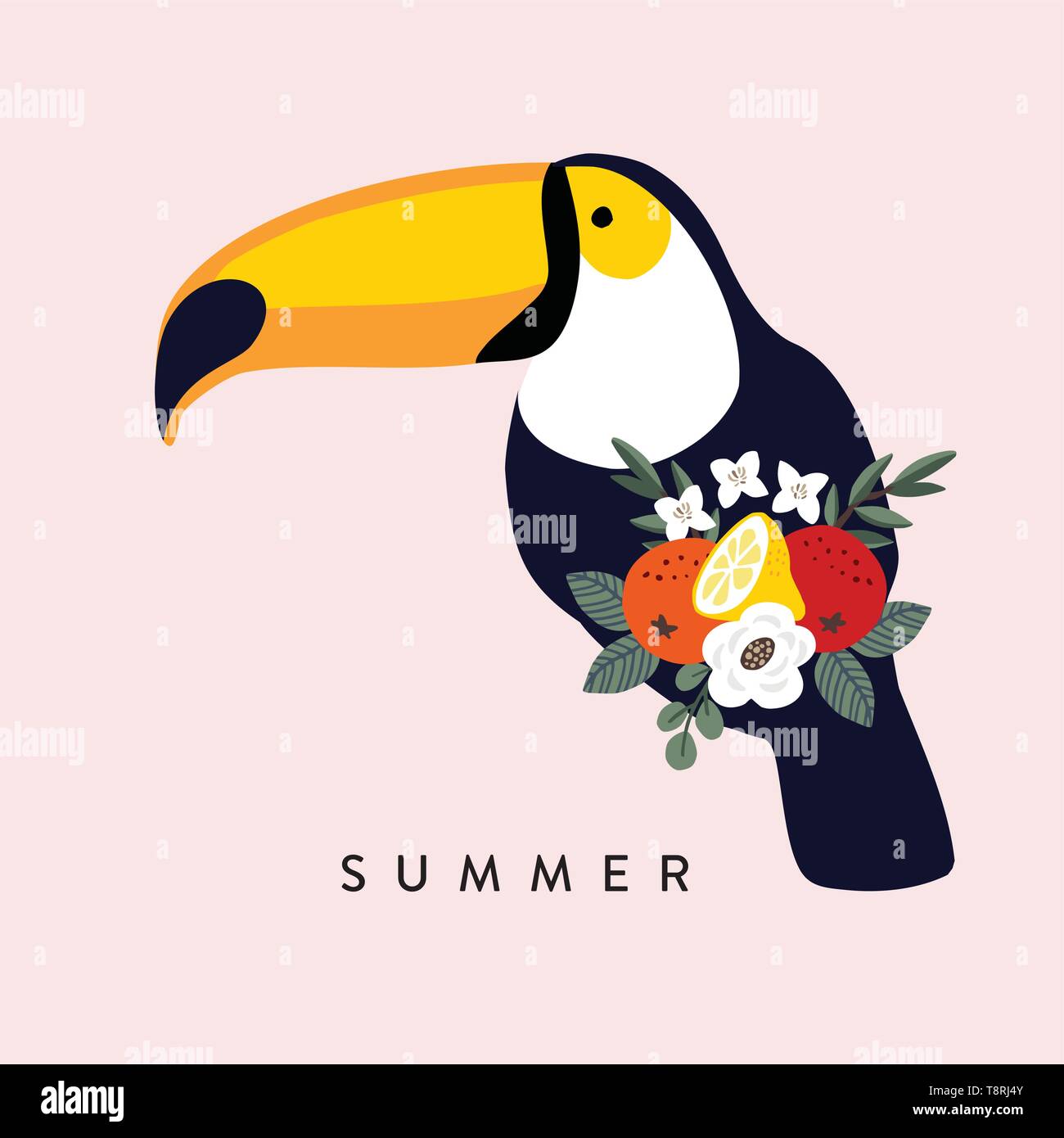 Sommer tropische Grußkarte, Einladung. Toucan Vogel mit Oliven-, Eukalyptusblätter, Orangen, Zitronen Obst und Blumen. Vector Illustration Hintergrund Stock Vektor
