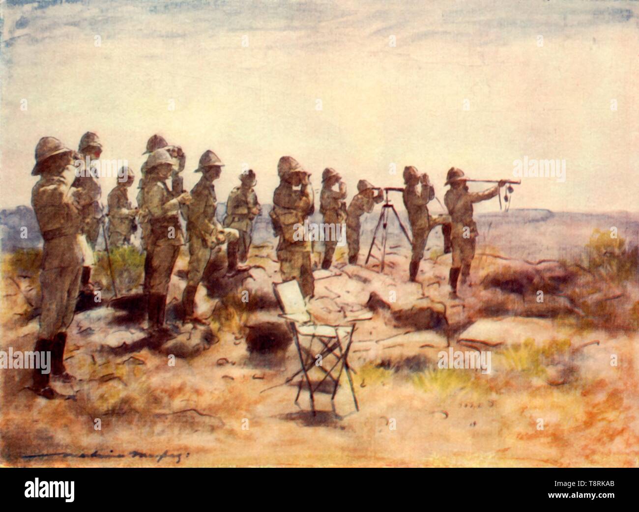 "Lord Roberts und Mitarbeiter beobachten die Schlacht von Osfontein", 1900, (1901). Schöpfer: Mortimer L Menpes. Stockfoto