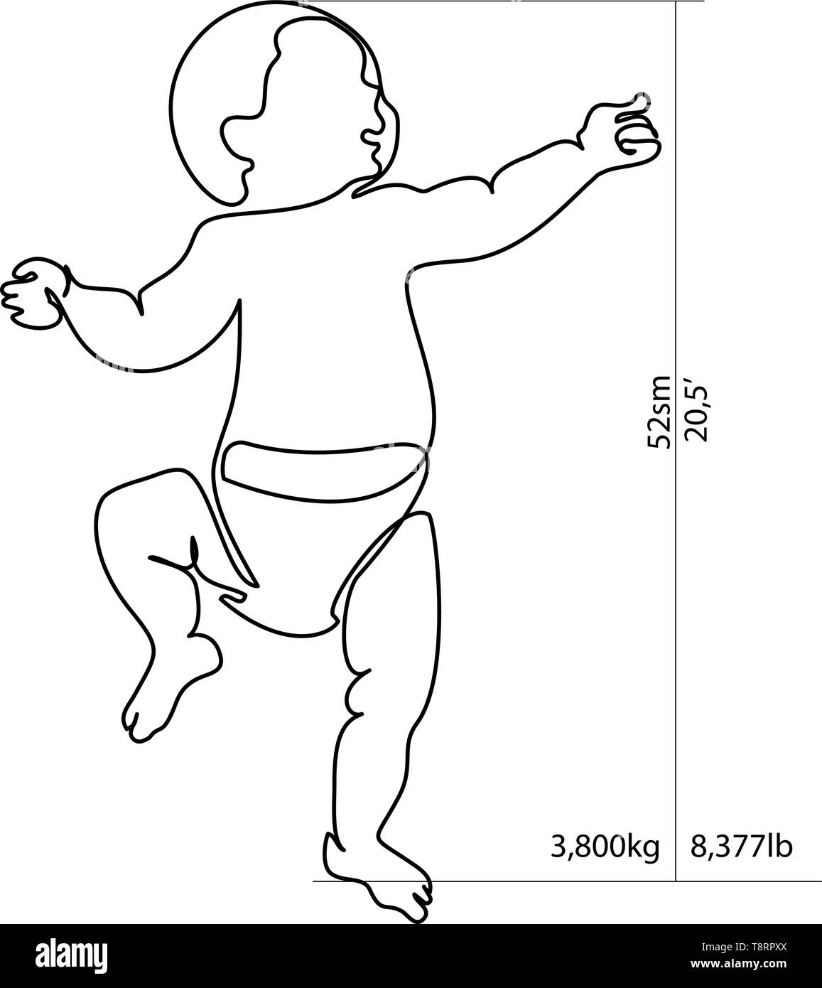 Durchgehende Linie zeichnen. Full-wachstum Baby für Höhe und Gewicht Messung. Vector Illustration. Konzept für Logo, Karte, Banner, Poster, Flyer Stock Vektor