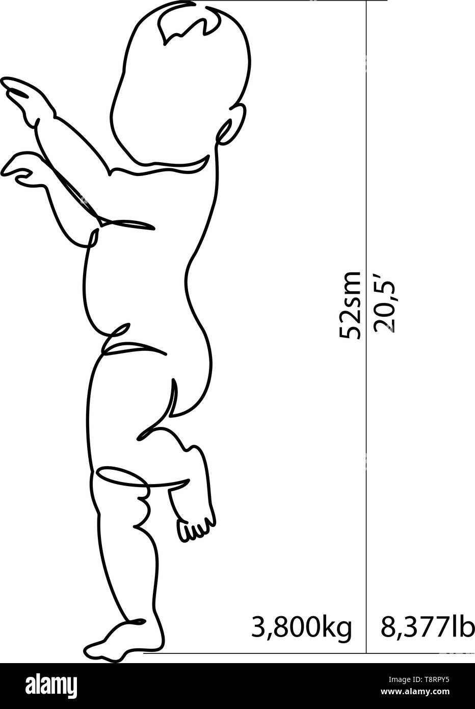 Durchgehende Linie zeichnen. Full-wachstum Baby für Höhe und Gewicht Messung. Vector Illustration. Konzept für Logo, Karte, Banner, Poster, Flyer Stock Vektor