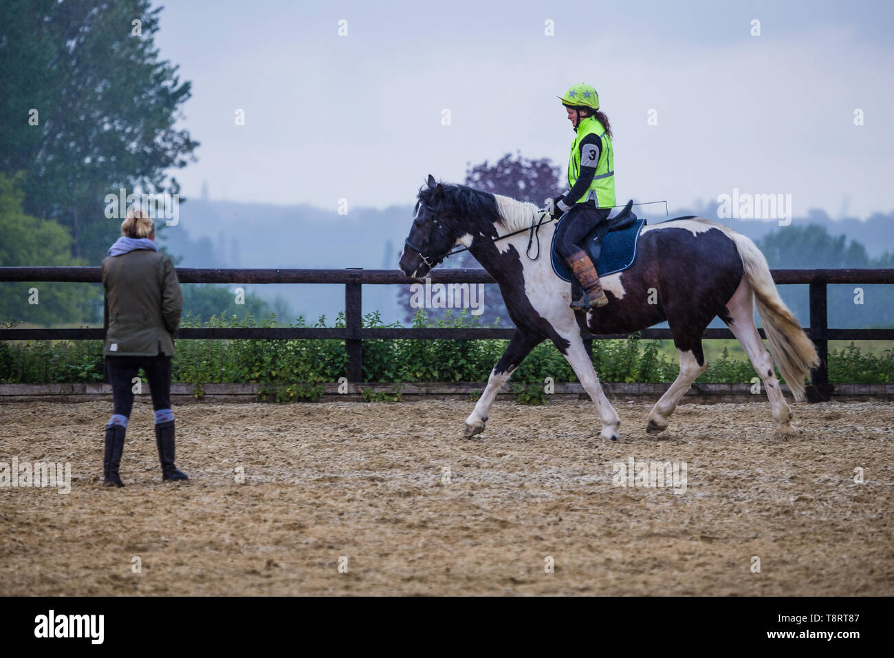 Reitstunde im Regen. Pferd und Reiter erhalten Anweisung von Reitlehrer. Stockfoto