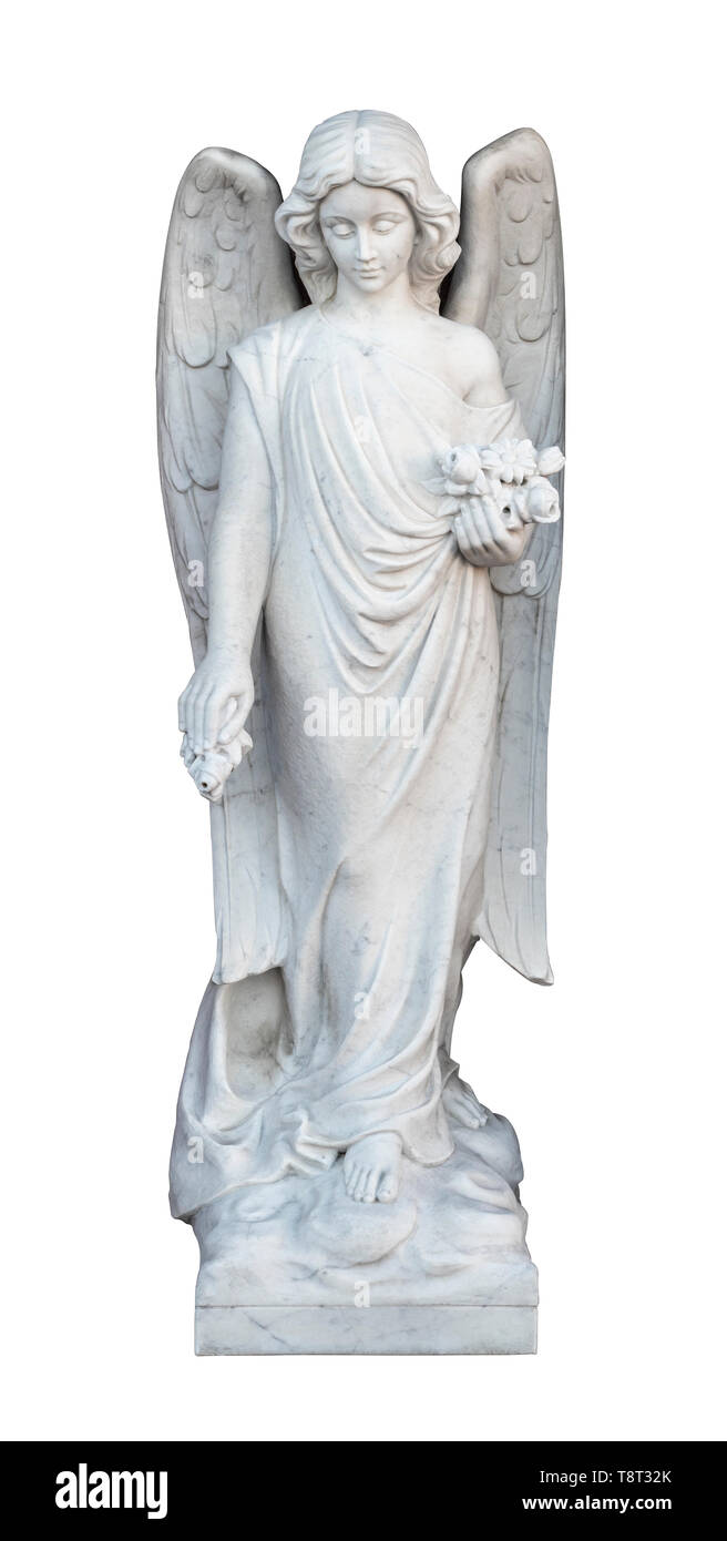 Marmorstatue eines Engels auf weißem Hintergrund - religiöse Kunst Stockfoto