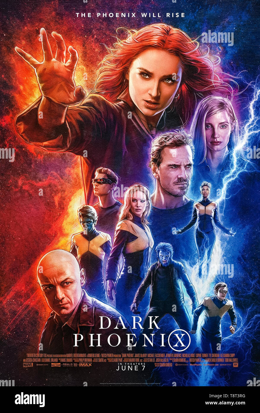 X-Men: Dark Phoenix (2019) von Simon Kinberg Regie und Hauptdarsteller Sophie Turner, Jennifer Lawrence und James McAvoy. Jean Grey erliegt der dunklen Seite der Macht und wird zum Dark Phoenix. Kann die X-Männer speichern? Stockfoto