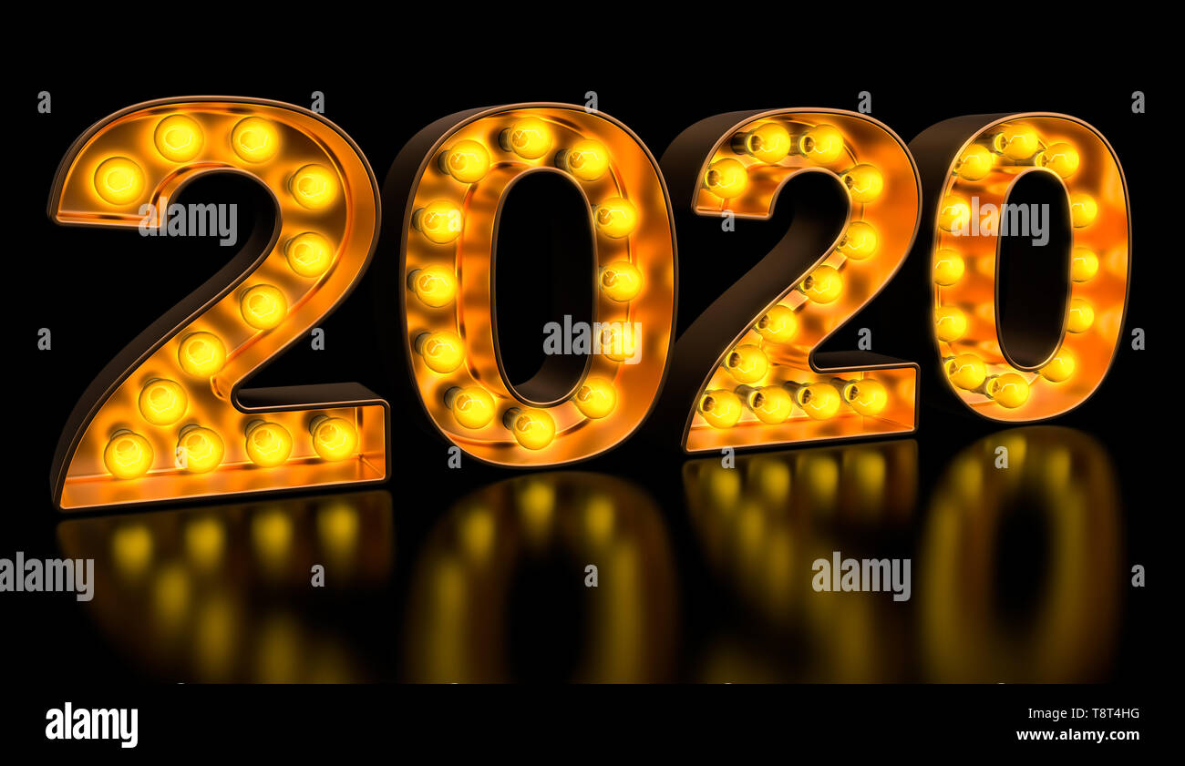 2020 Repräsentant von goldenen Glühbirne Buchstaben, retro Leuchtende Schrift. 3D-Rendering Stockfoto