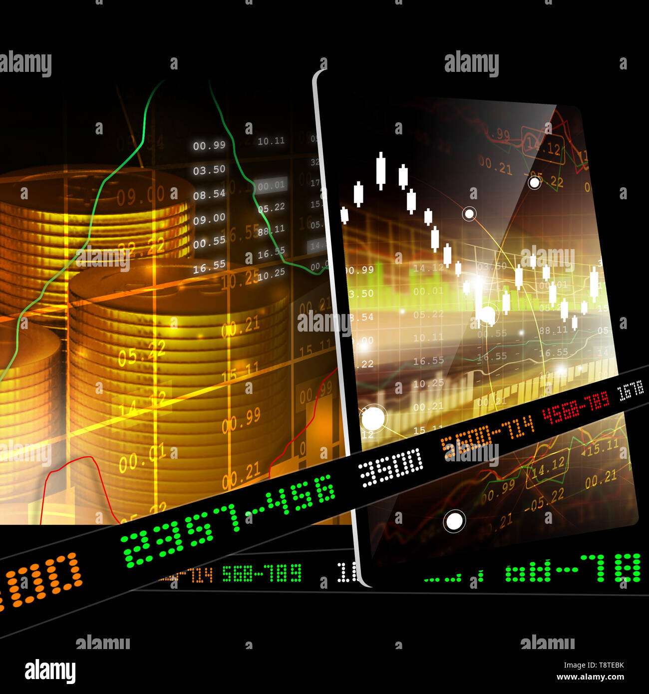 Goldmünzen mit finanzieller Börsendaten Stockfoto