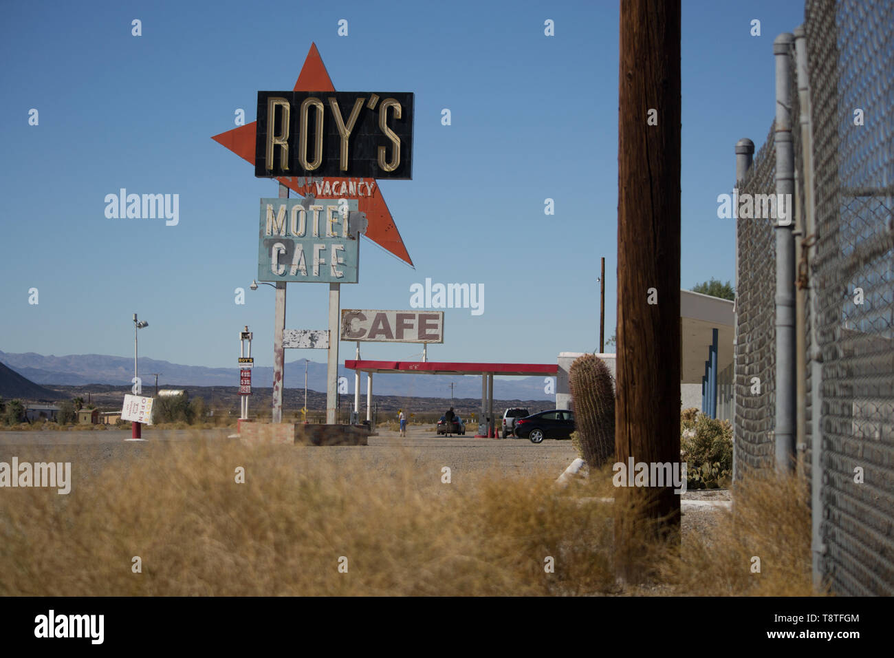 Roy's Cafe, Motel und Tankstelle, in Amboy, Kalifornien, auf der klassischen Route 66, ein Beispiel von googie Architektur Stockfoto