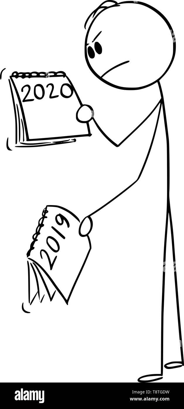Vektor cartoon Strichmännchen Zeichnen konzeptionelle Darstellung der zornigen Mann oder Geschäftsmann bei der Kalender schauen, wie das Jahr 2019 Im Jahr 2020 wird sich ändern. Stock Vektor