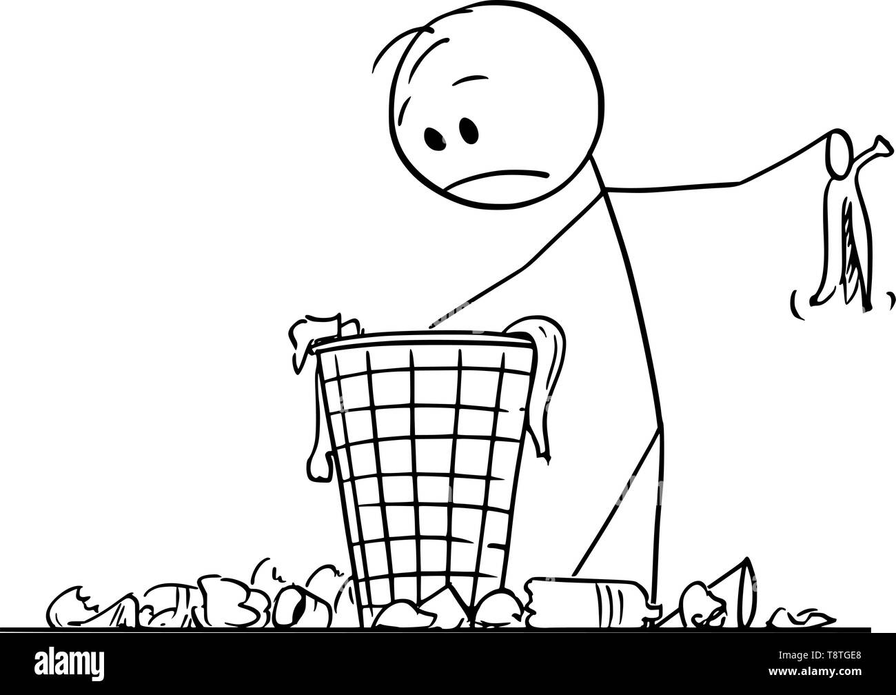 Vektor cartoon Strichmännchen Zeichnen konzeptionelle Darstellung der verzweifelten Mann oder Geschäftsmann auf der Suche nach etwas in den Papierkorb in Mülleimer oder Schrott Korb. Stock Vektor