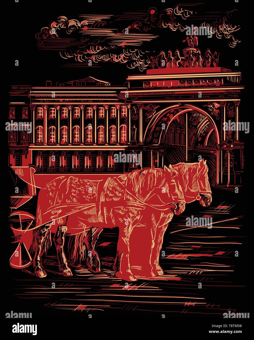 Blick auf zwei Pferde und Kutschen, der Triumphbogen auf dem Schlossplatz in Sankt Petersburg, Russland. Wahrzeichen von St. Petersburg. Isolierte Vektor hand Stock Vektor