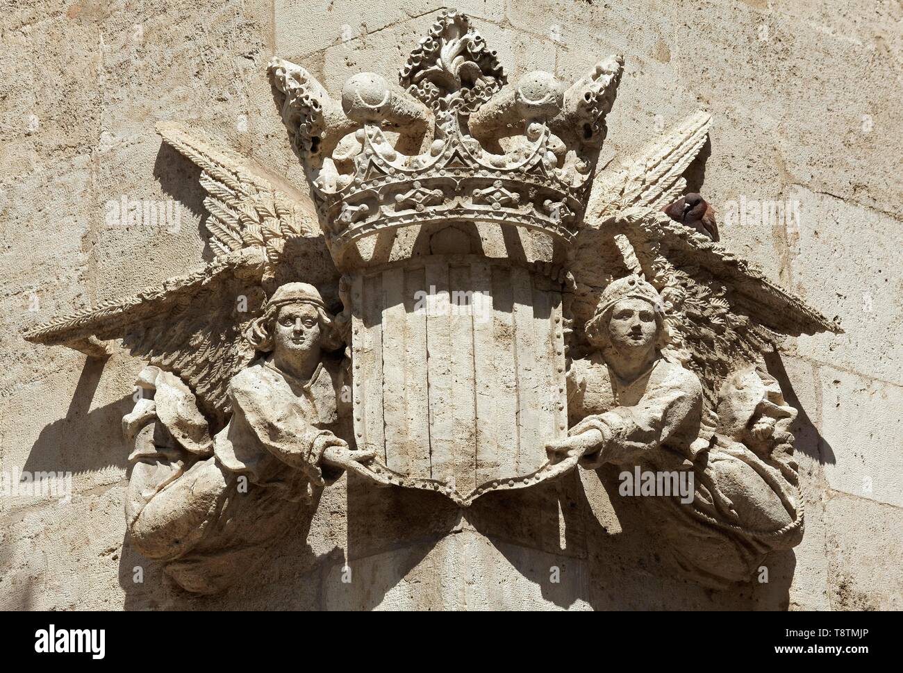 Engel mit Stadtwappen, Relief, gotische Fassade, Seide, Llotja de la Seda, Altstadt, Ciutat Vella, Valencia, Provinz Valencia, Spanien Stockfoto