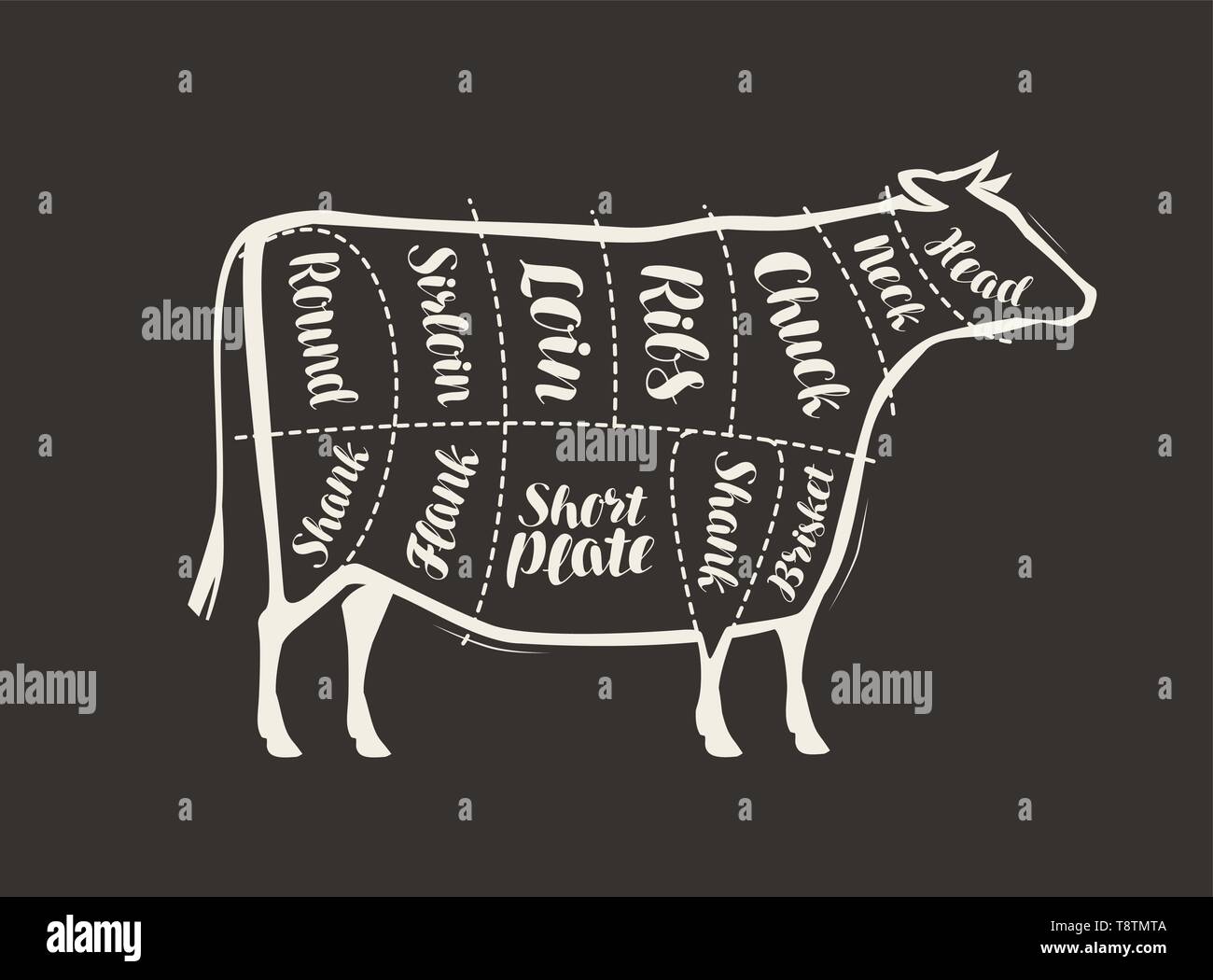 Schneiden von Rindfleisch an die Tafel gezeichnet. Menü für Restaurant oder Metzgerei. Vektor Stock Vektor