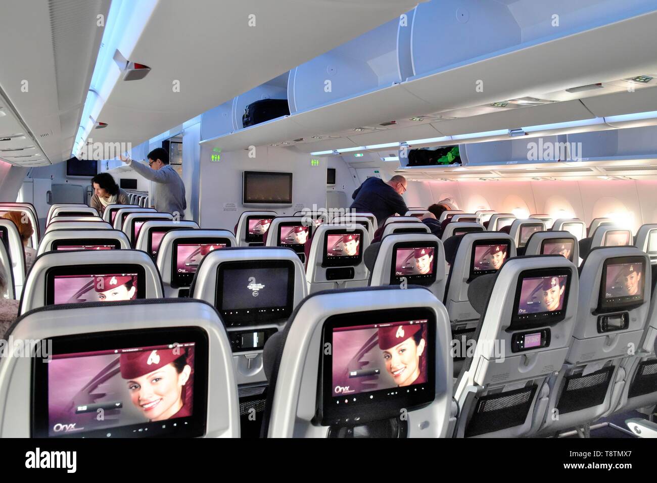 Sitze in der Economy Class, Innenansicht, Airbus A350 Qatar Airways, Flughafen München F.J.Strauss, München, Bayern, Deutschland Stockfoto