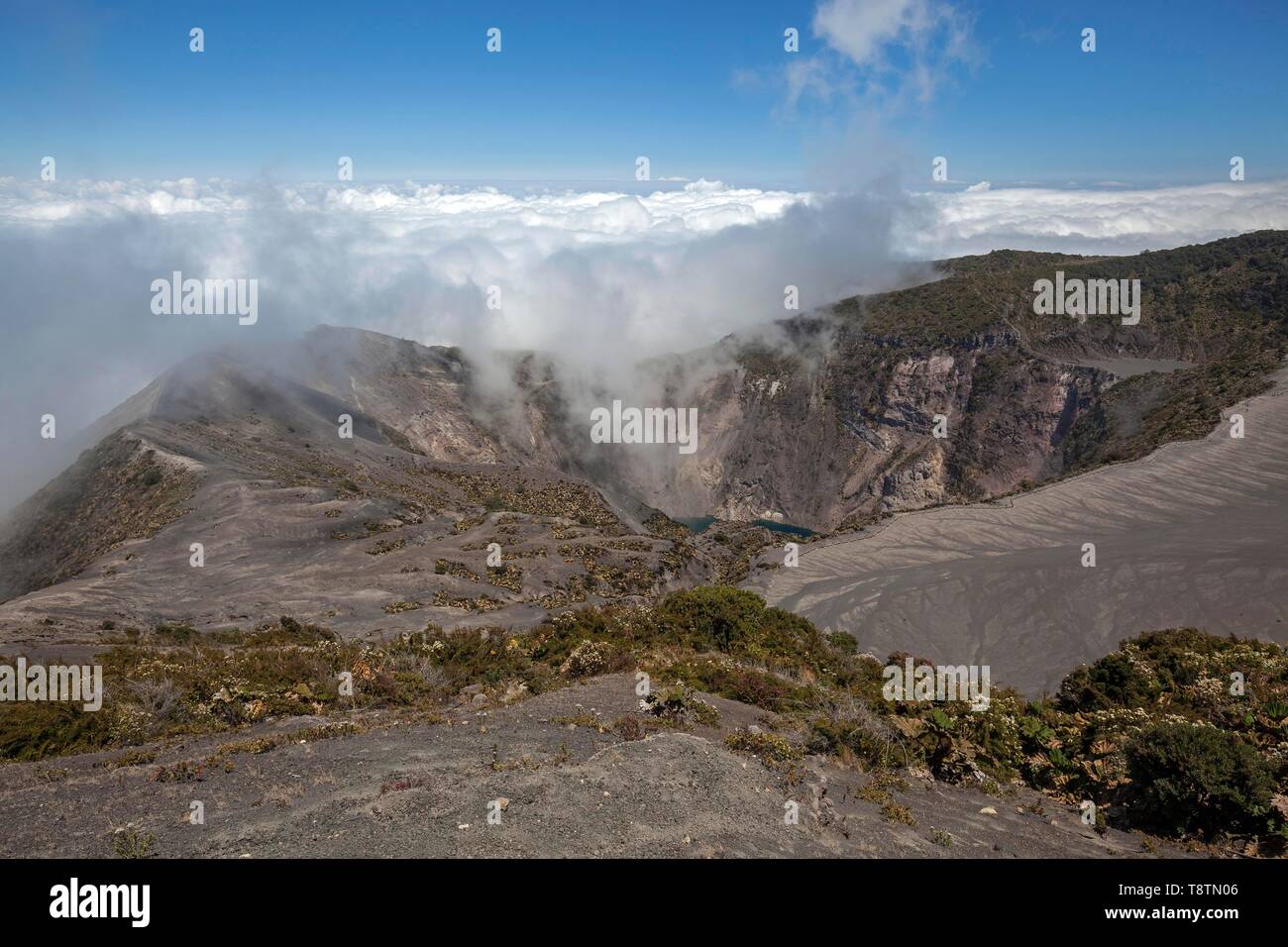 Hauptkrater Vulkan Irazú mit steigenden Wolken, Vulkan Irazu Nationalpark Parque Nacional Volcan Irazu, Provinz Cartago, Costa Rica Stockfoto