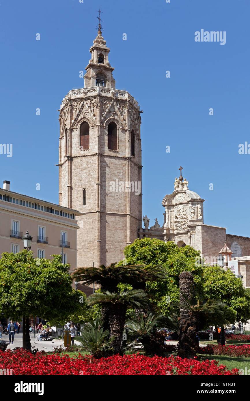 Placa de la Reina mit der Kathedrale von Valencia mit Glockenturm Micalet, Valencia, Spanien Stockfoto