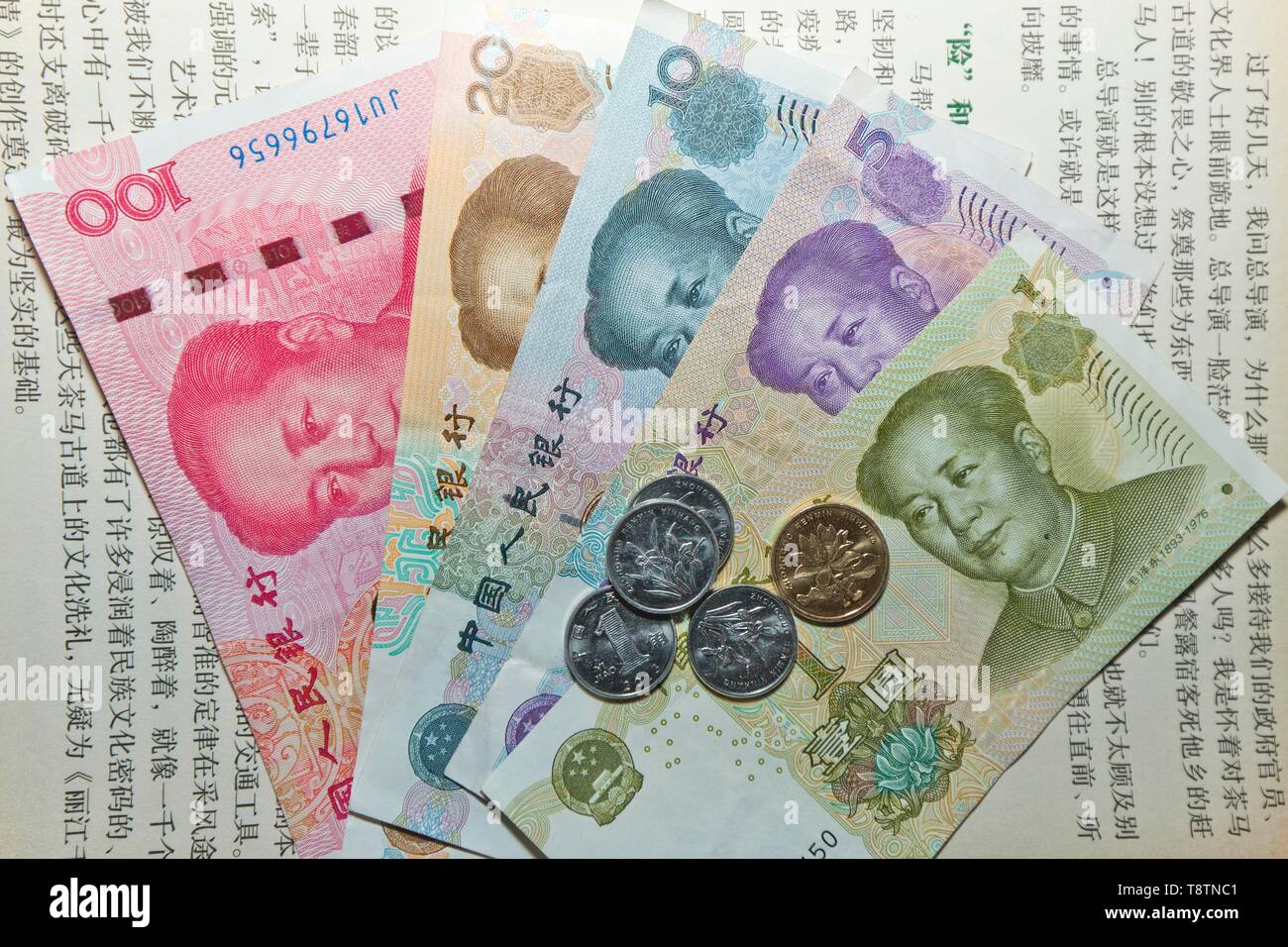 Verschiedene chinesische Yuan Renminbi, Banknoten und Münzen, in der Volksrepublik China Stockfoto