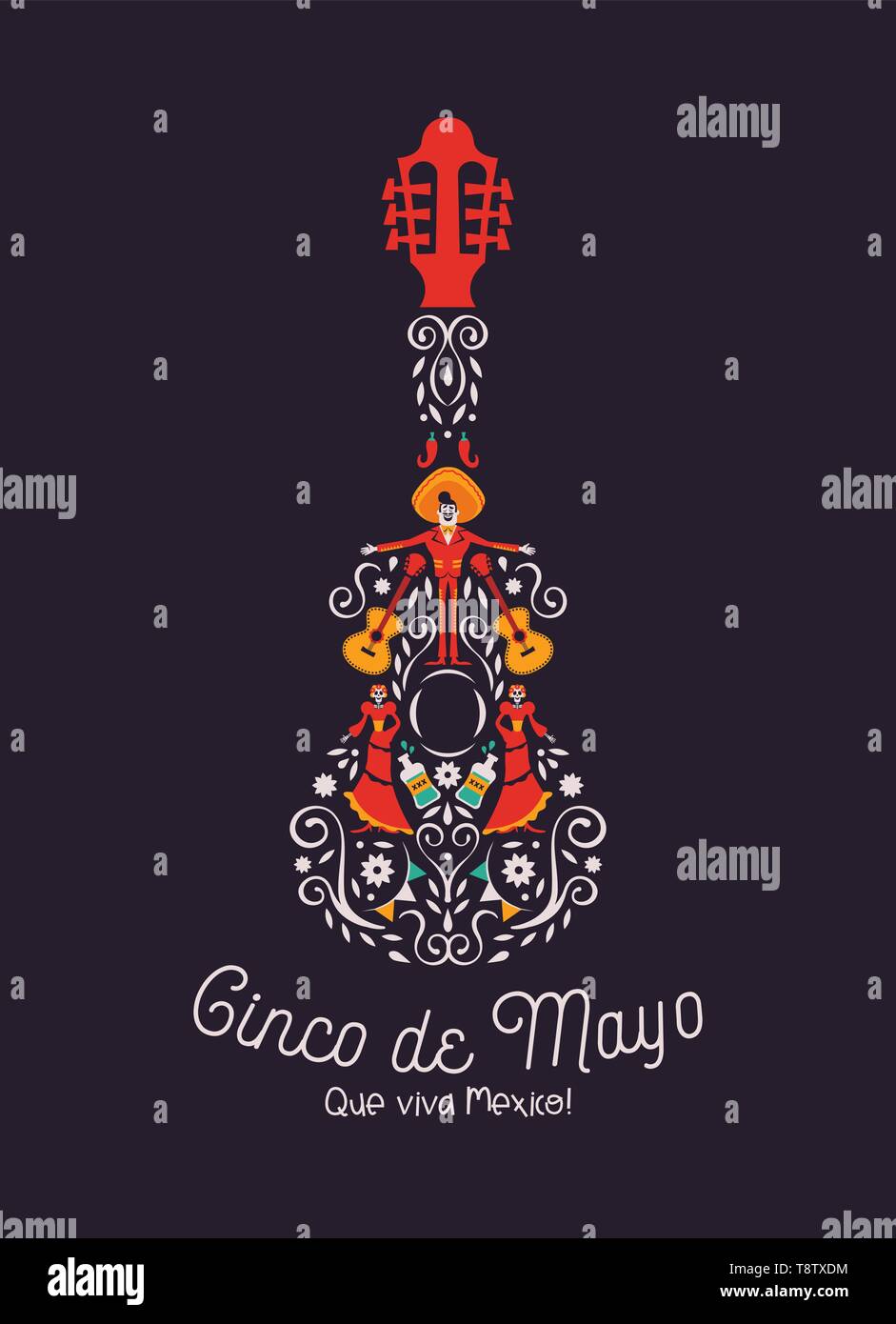 Happy Cinco de Mayo Grußkarte Illustration für Mexiko die Unabhängigkeit feiern. Mexikanische Gitarre mit traditionellen Kultur Dekoration. Mit Maria Stock Vektor