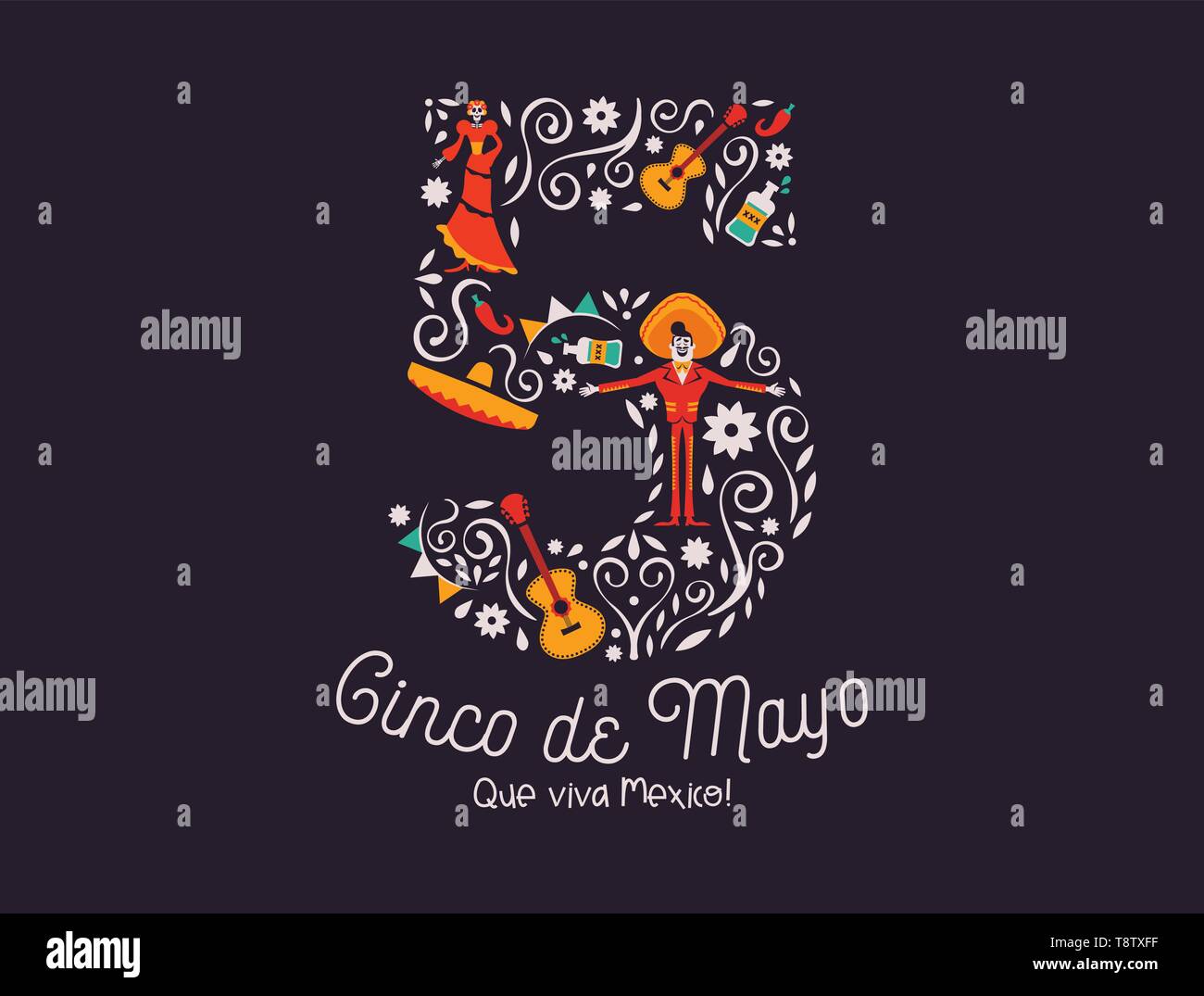 Happy Cinco de Mayo Grußkarte Illustration für Mexiko die Unabhängigkeit feiern. 5. Mai Nummer mit der traditionellen Kultur Dekoration. Mit Maria Stock Vektor