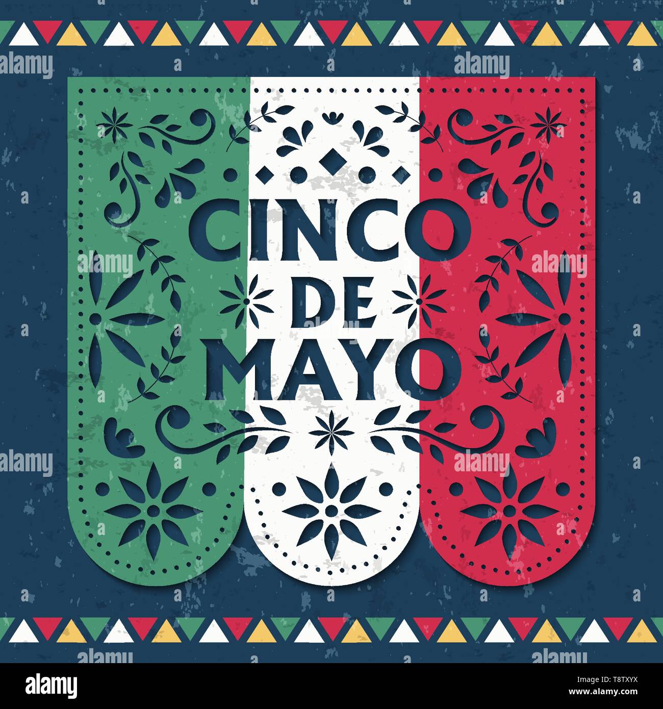 Happy Cinco de Mayo Grußkarte Abbildung: papel Picado für Mexiko die Unabhängigkeit feiern. Traditionelle papercut Flags mit Blumendekoration. Stock Vektor