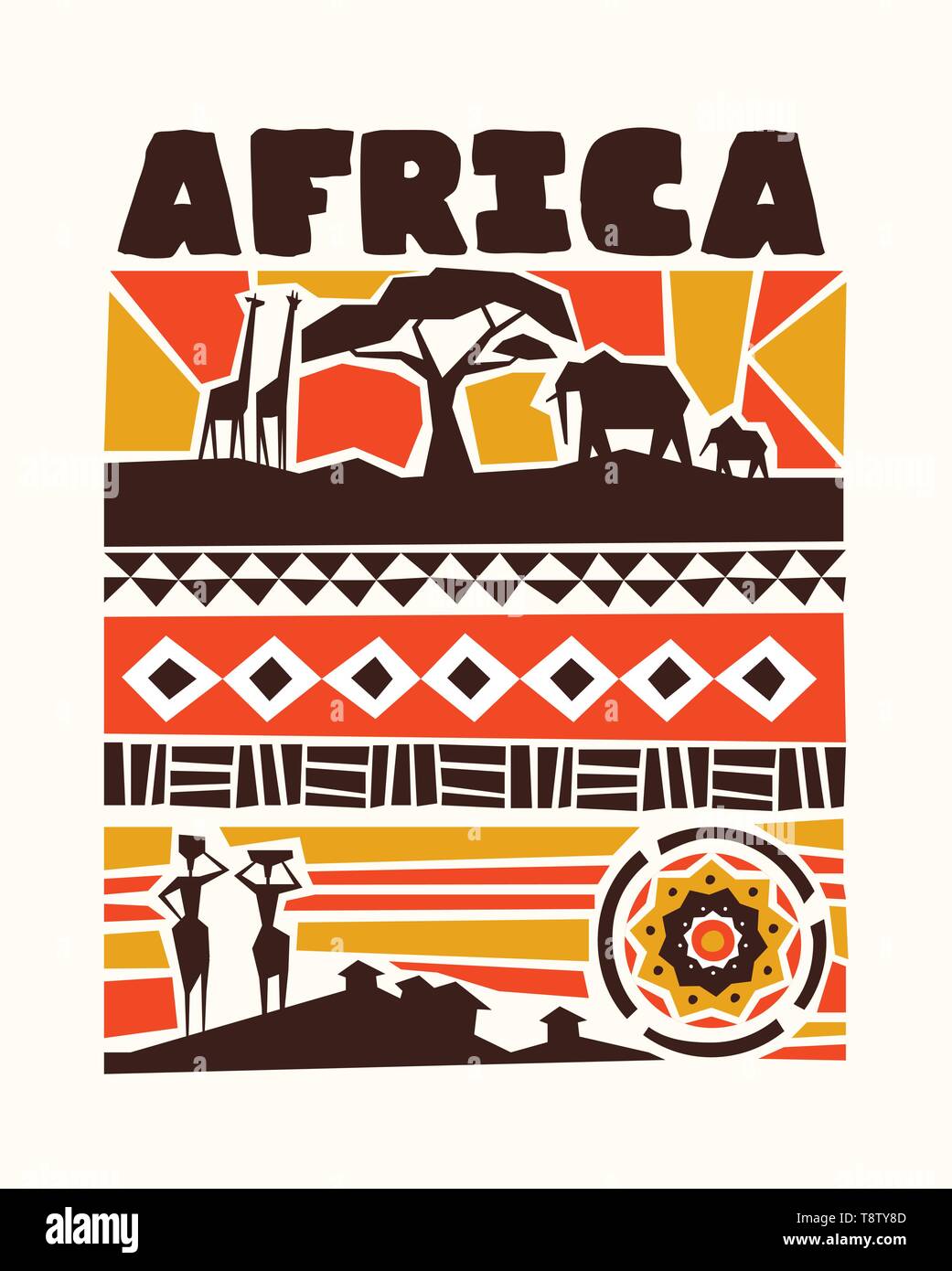 Afrika Konzept Abbildung mit traditionellen afrikanischen Stil Kunst Dekoration. Umfasst Wild Safari Tiere, Stamm Frauen und ethnischen Formen. Stock Vektor