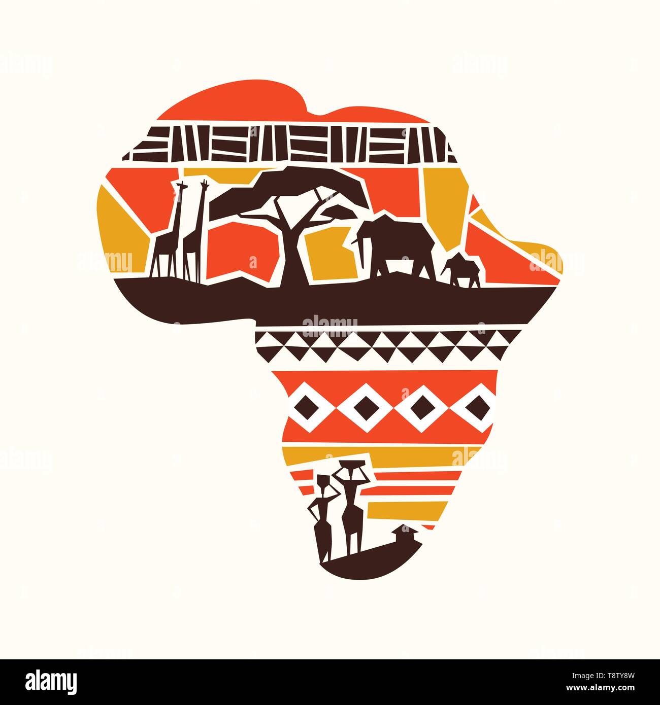 Afrikanische Karte Konzept Abbildung mit Wild Safari Tiere und Afrika Stamm Menschen auf isolierten Hintergrund. Stock Vektor