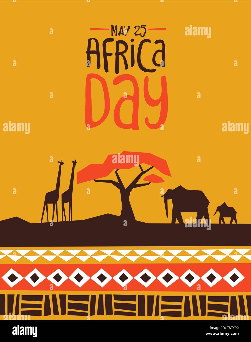 Afrika Tag Grußkarte Abbildung mit traditionellen afrikanischen Stil Kunst Dekoration und wilde Tiere. Stock Vektor