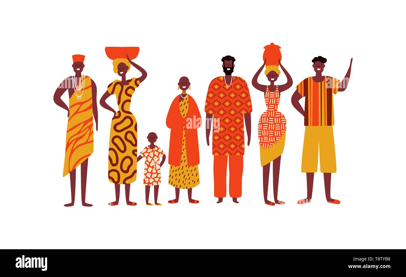 Afrikanische Menschen auf isolierten weißen Hintergrund. Diverse schwarze Männer und Frauen Gruppe in traditionelle ethnische Kleidung für Afrika Gesellschaft Konzept. Stock Vektor