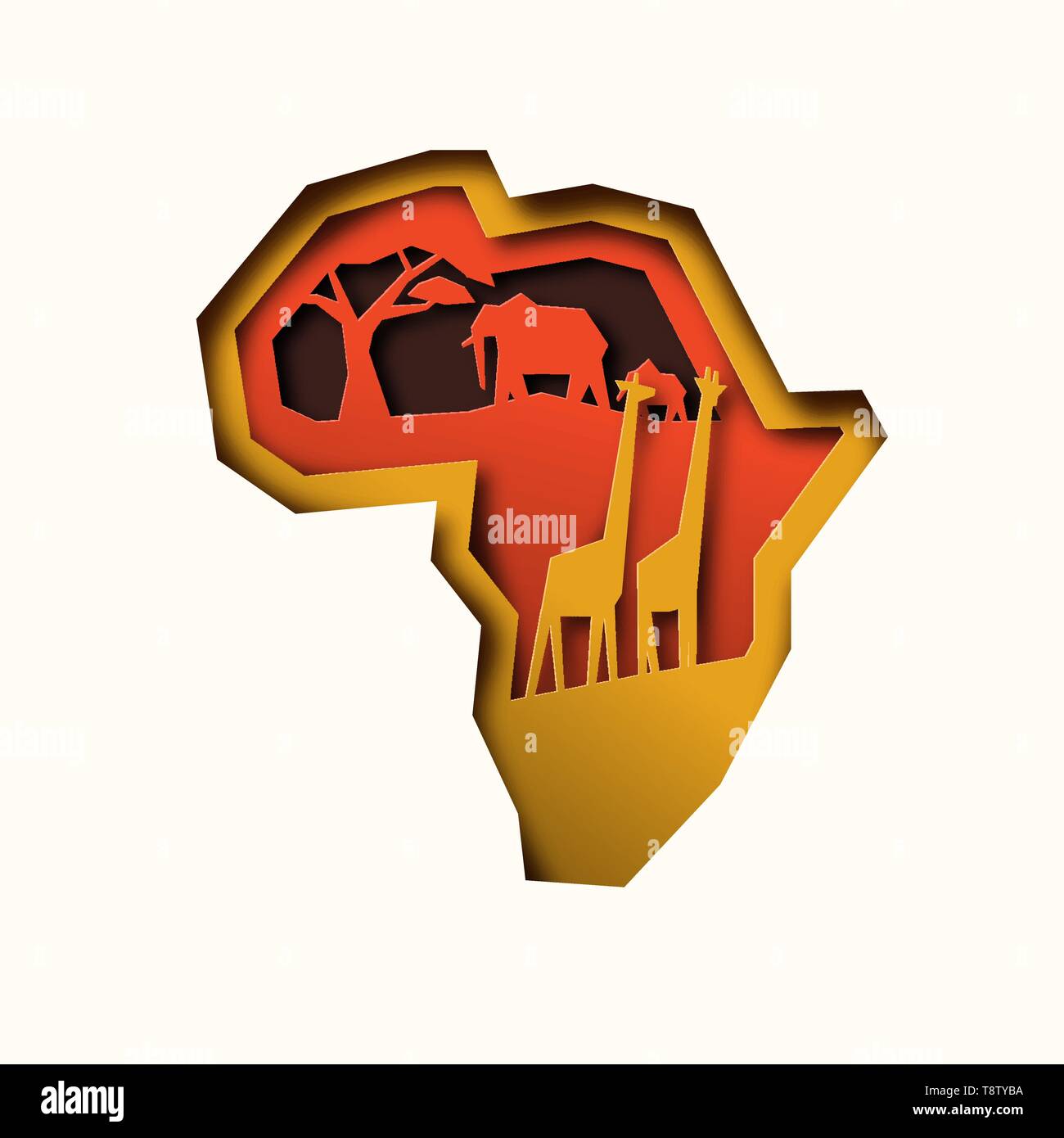 Afrika kontinent Karte Abbildung in papercut Stil, mit wilden afrikanischen Tieren. Mit ausschnitt Elefant und Giraffe. Stock Vektor