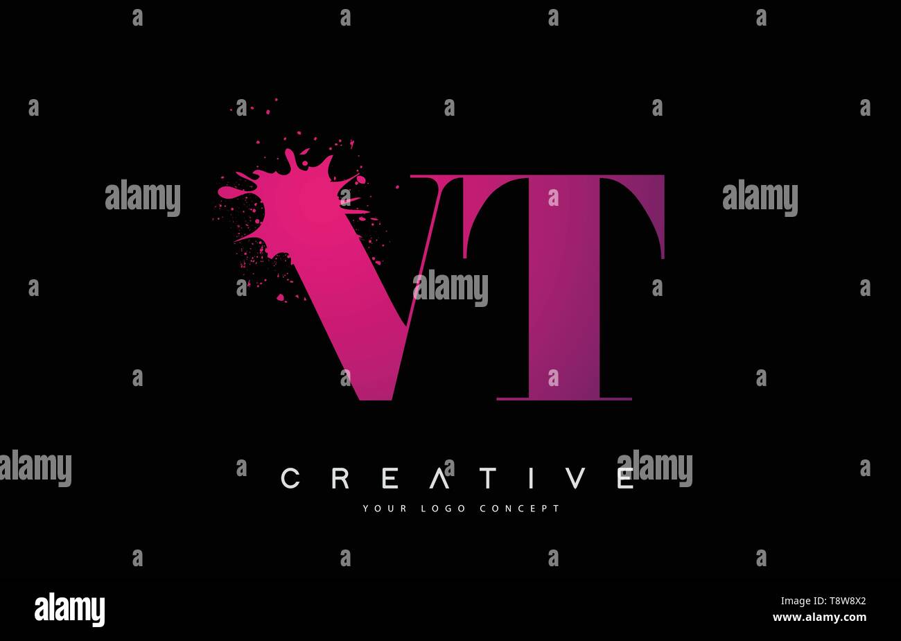 Lila Rosa VT V T Schreiben Logo Design mit Tinte Aquarell Splash Spill Vector Illustration. Stock Vektor