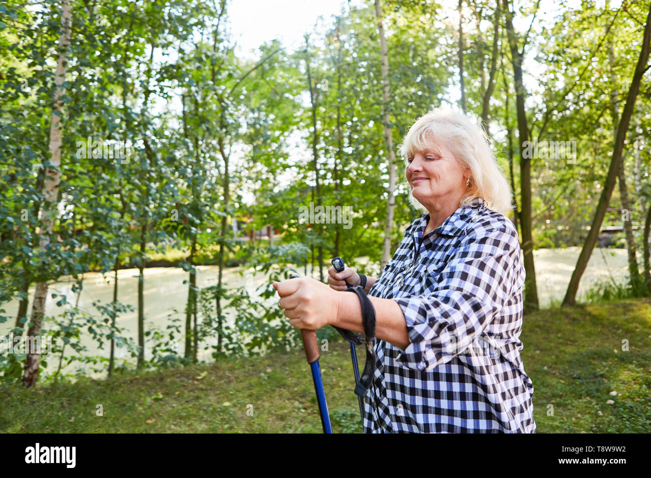 Ältere Frau, nordic walking für gesundes Gewicht Verlust in der Natur Stockfoto