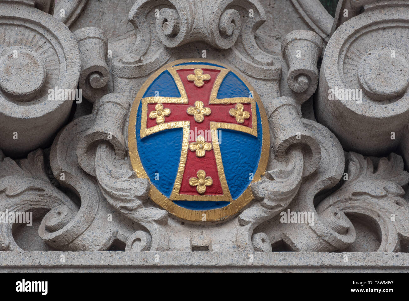 Eisenach, Deutschland - Mai 11, 2019: Blick auf die Luther Rose, die Luther Kreuz auf einem historischen Haus Wand in Eisenach, Deutschland. Stockfoto