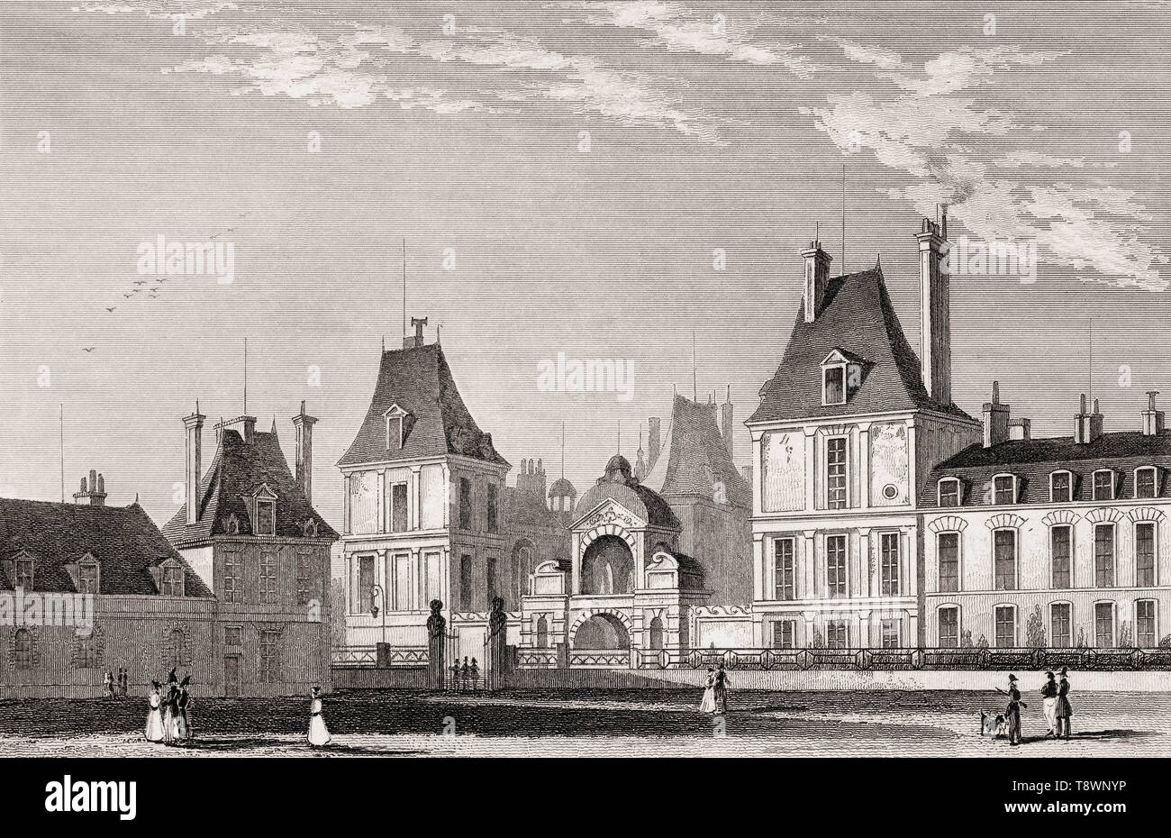 Hof, Château de Fontainebleau, in der Nähe von Paris, antike Stahl Gravierte drucken, 1831 Stockfoto