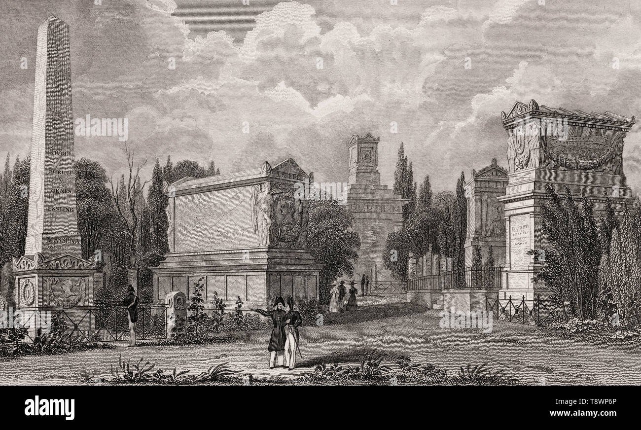 Denkmäler von Masséna und Lefebvre, Friedhof Père Lachaise, Paris, antiken Stahl Gravierte drucken, 1831 Stockfoto