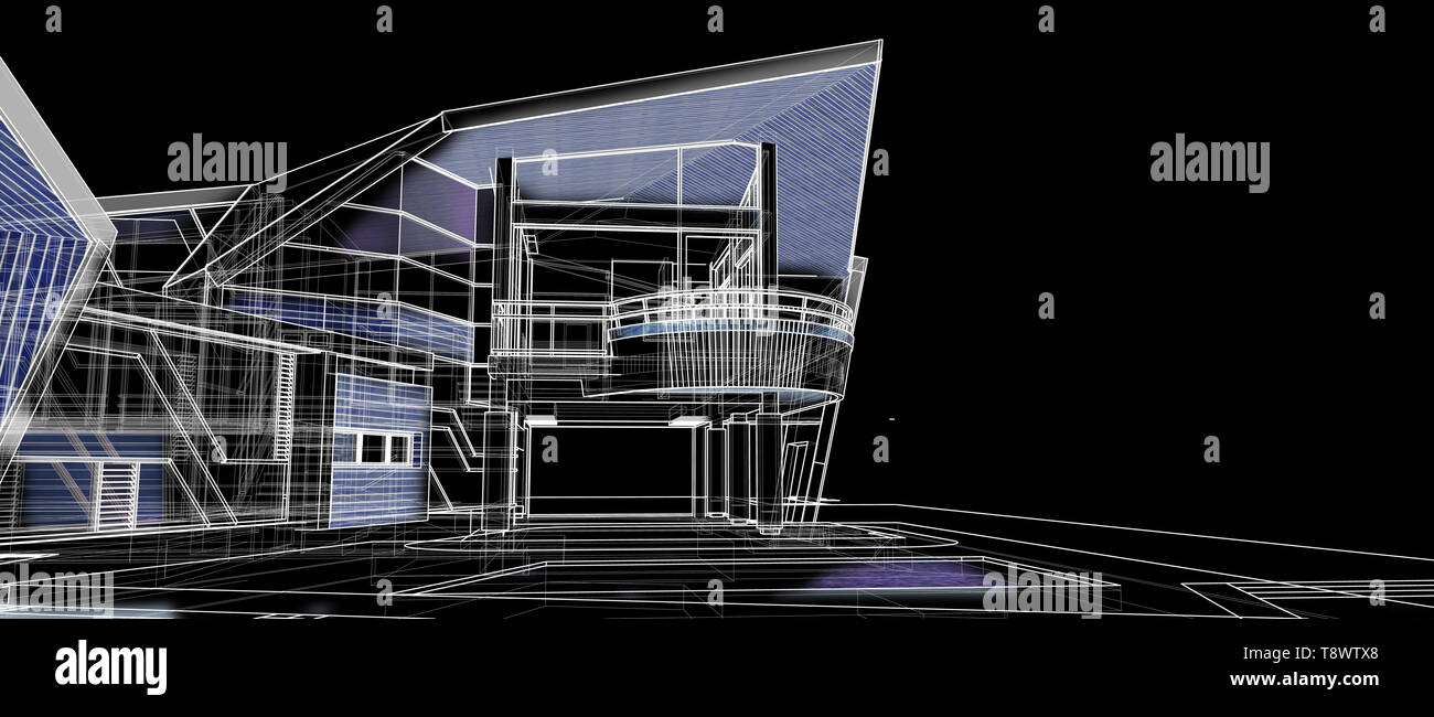Architektur Außenfassade Design Konzept 3D-Perspektive Wire frame rendering schwarzen Hintergrund. Für abstrakte Hintergrund oder Tapete Desktops arachiten Stockfoto