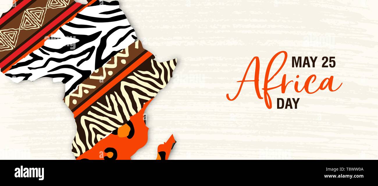 Afrika Tag banner Abbildung für 25 feiern können. Afrikanischen Kontinent Karte mit ethnische Kunst und Wild animal print Texturen. Stock Vektor