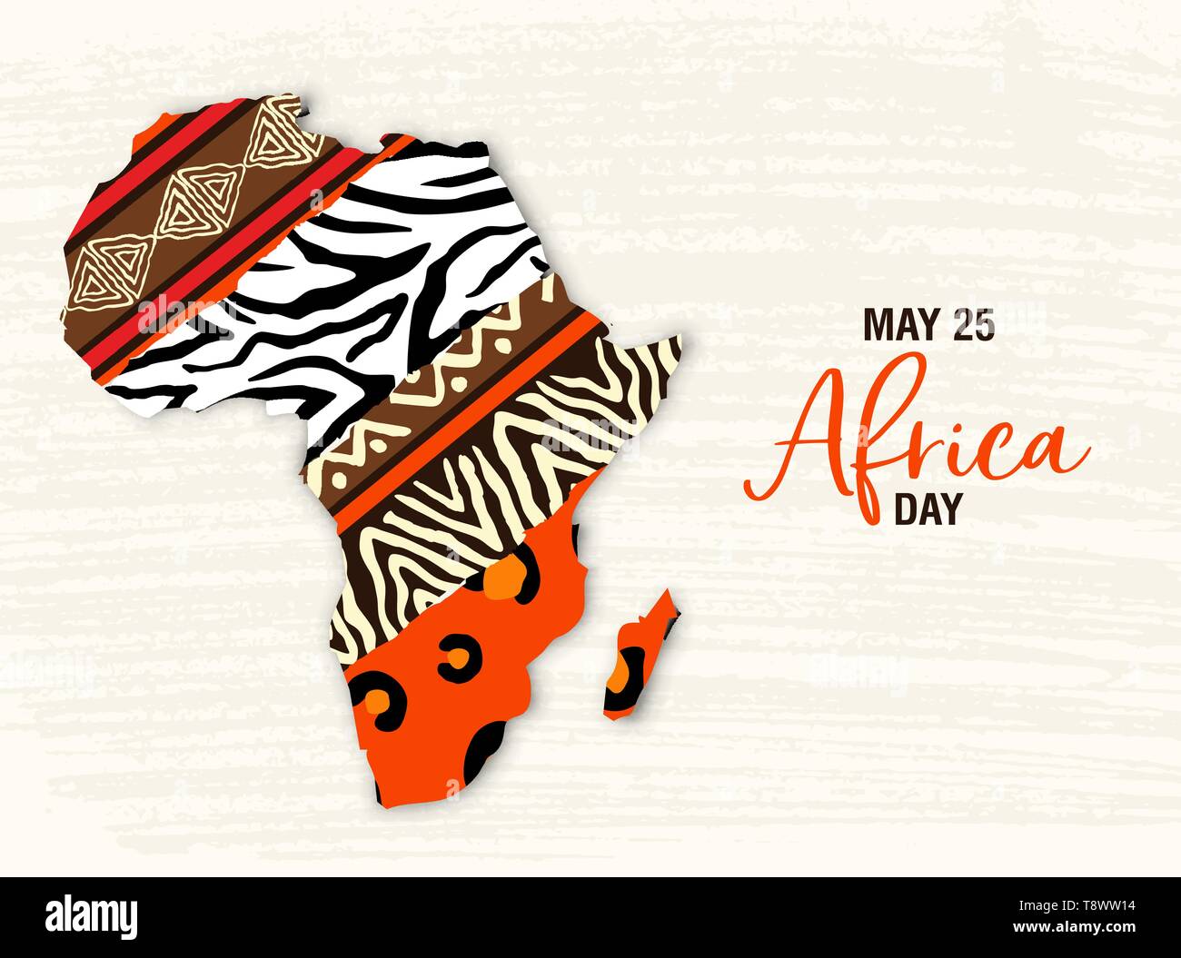 Afrika Tag Grußkarte Abbildung für 25 feiern können. Afrikanischen Kontinent Karte mit ethnische Kunst und Wild animal print Texturen. Stock Vektor