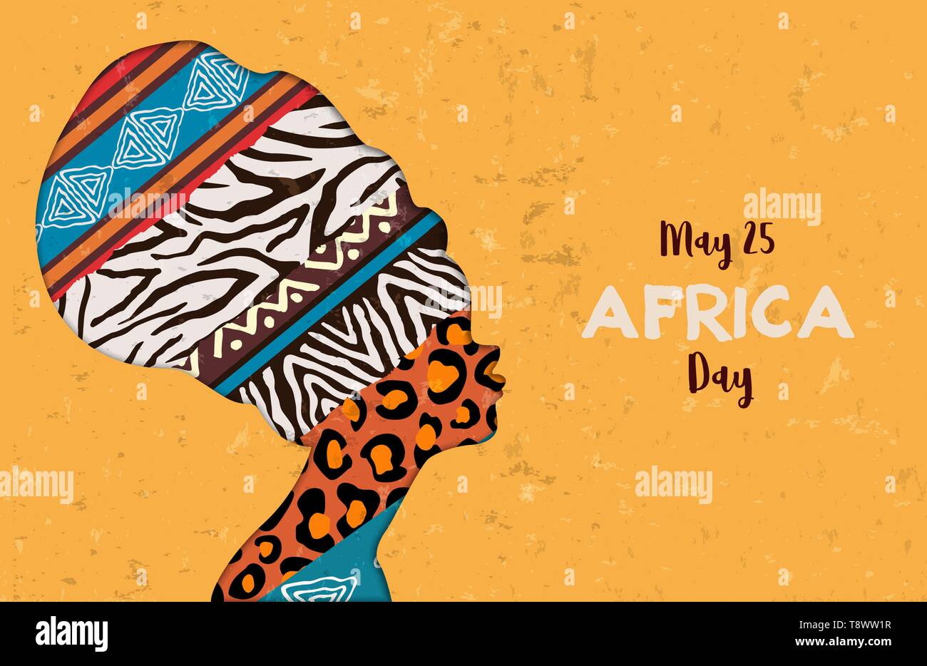 Afrika Tag Grußkarte Abbildung für 25 feiern können. Afrikanische Frau Kopf mit ethnischen Tierdruck Texturen. Stock Vektor