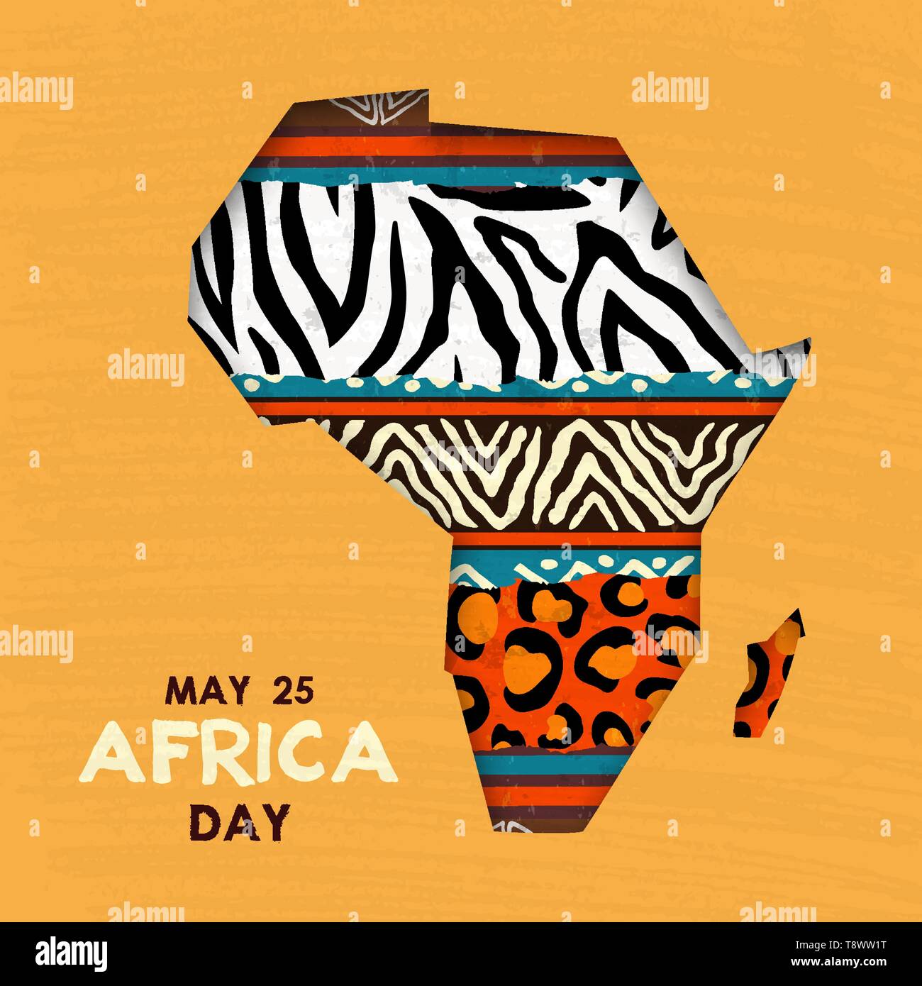 Afrika Tag Grußkarte Abbildung für 25 feiern können. Afrikanischen Kontinent Karte mit ethnische Kunst und Wild animal print Texturen. Stock Vektor