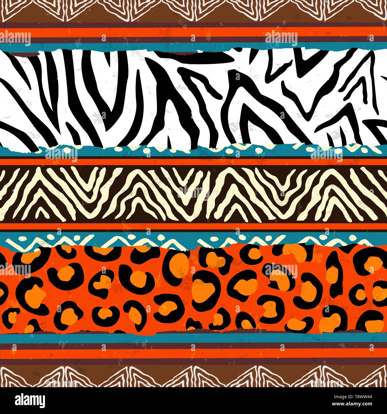 Abstrakte Kunst Afrikas Stil nahtlose Muster. Hand tribal Dekoration Hintergrund mit Animal-print und ethnische Symbole gezeichnet. Stock Vektor