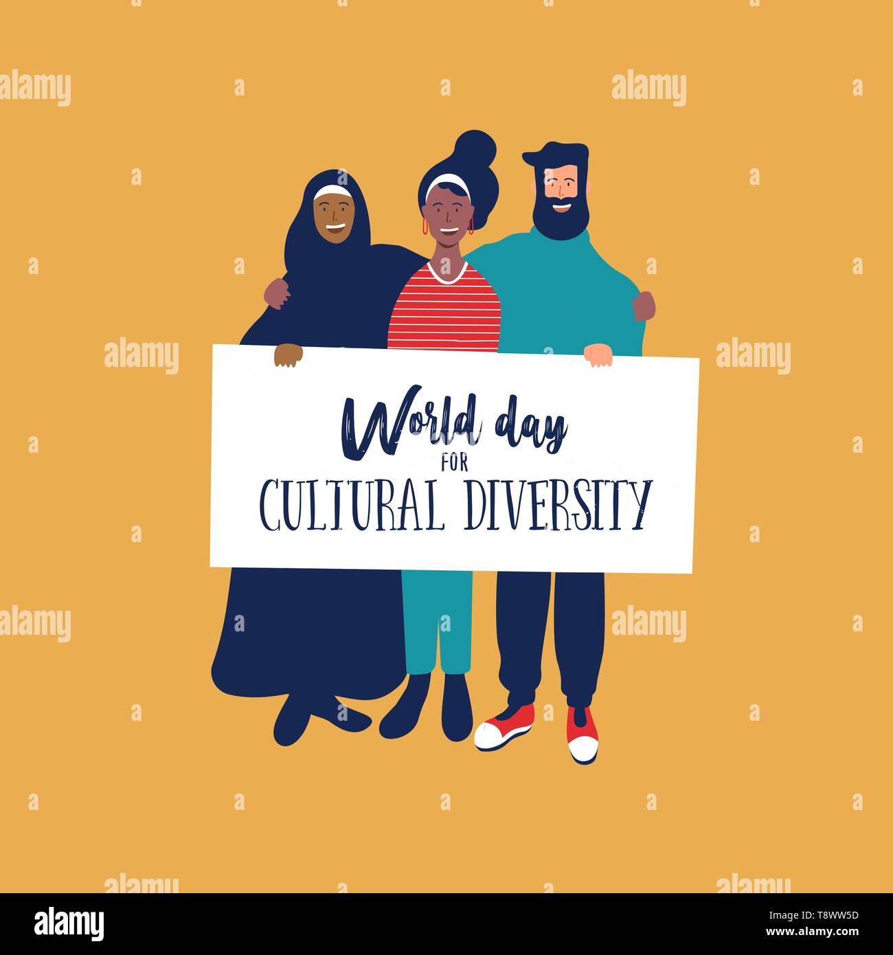 Welttag der kulturellen Vielfalt Veranstaltung Grußkarte von vielfältigen Freund Gruppe. Soziale Hilfe und Support Konzept. Stock Vektor