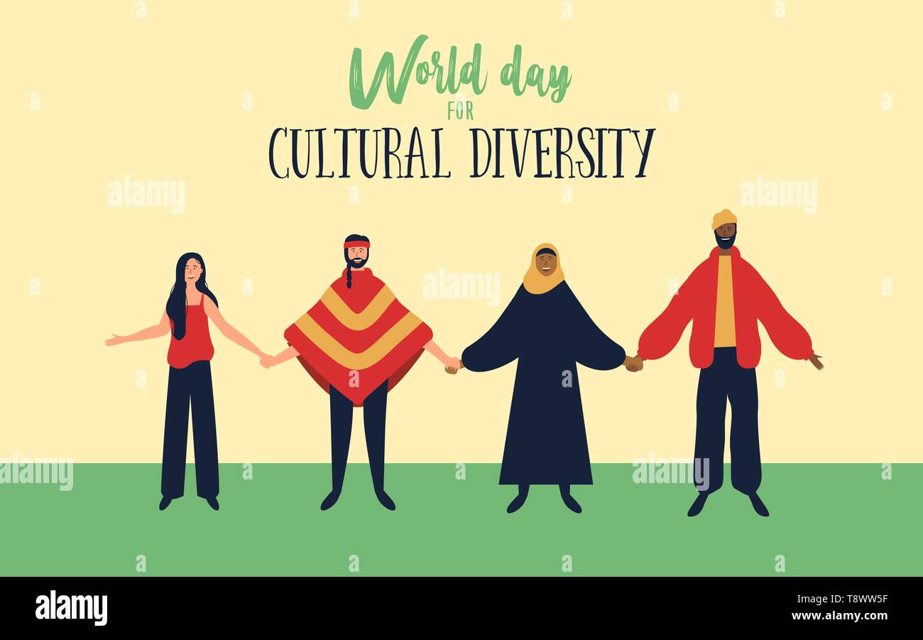 Welttag der kulturellen Vielfalt Veranstaltung Abbildung diverser Freund Gruppe. Mit arabischen Frau mit Kopftuch, indianischen und schwarzen Mann. Stock Vektor