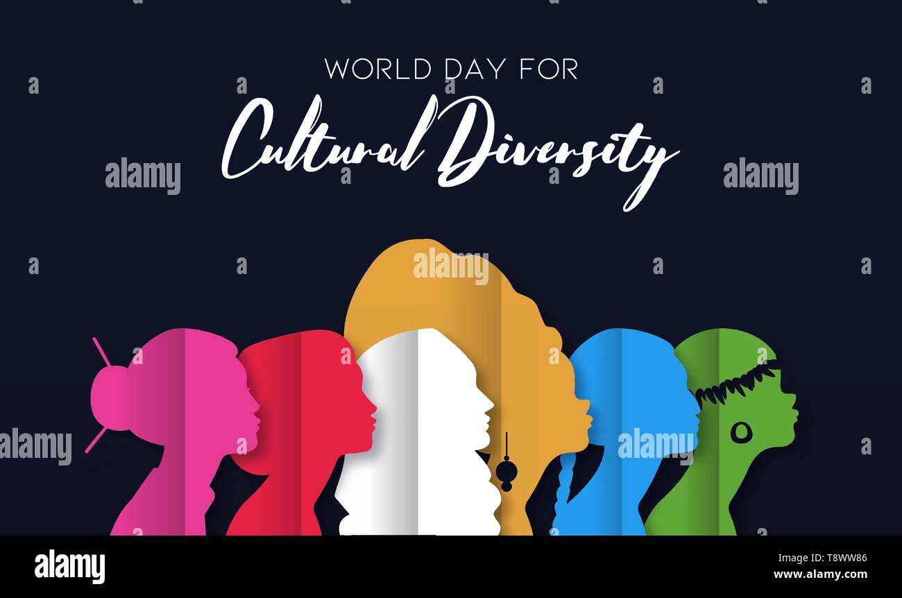 Kulturelle Vielfalt Tag Abbildung von unterschiedlichen ethnischen Frauen Kopf Silhouette in Papier schneiden Stil. Stock Vektor