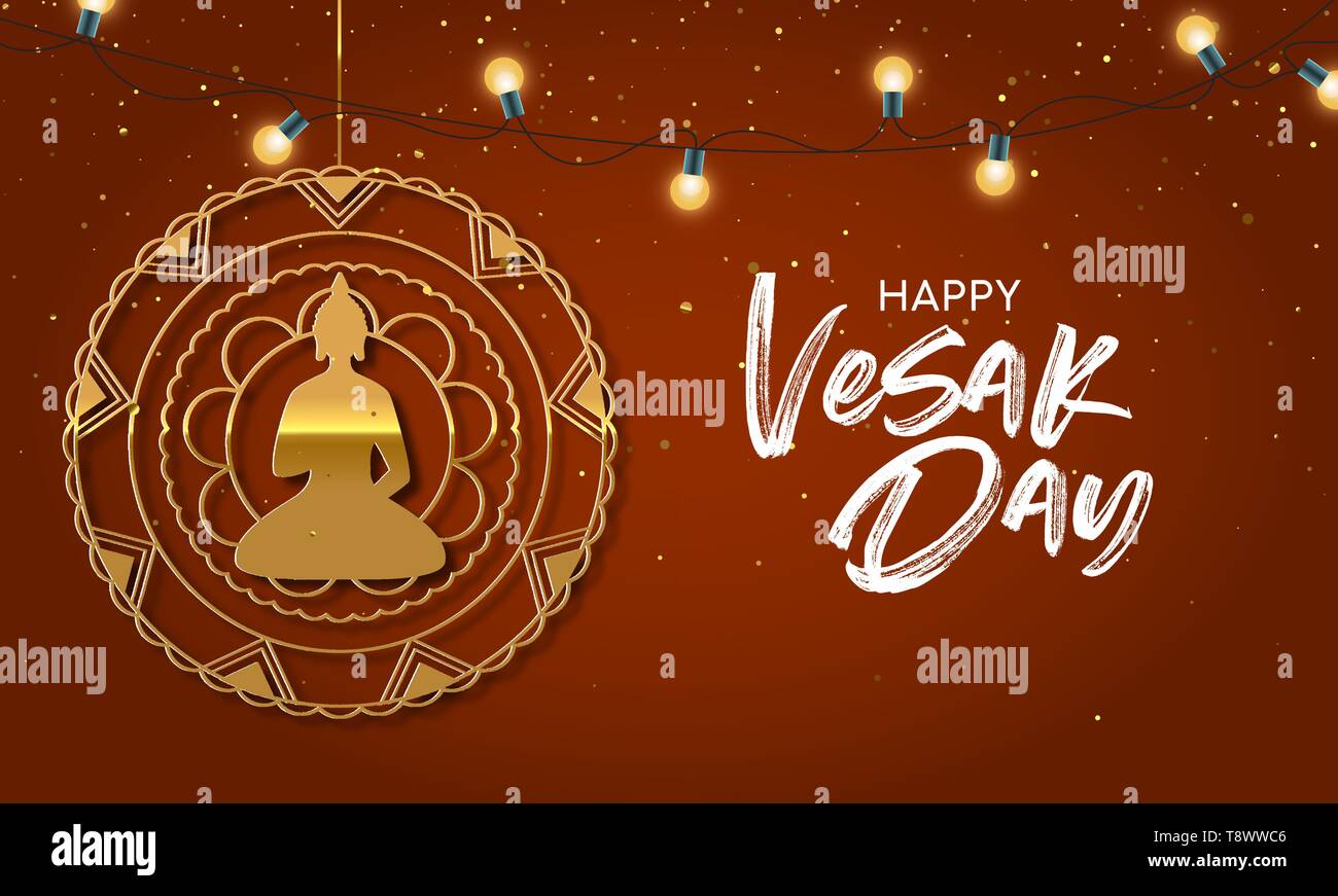 Happy Vesak Day Abbildung für hinduistische Urlaub Feier. Gold Buddha Ornament mit realistischen leuchtet. Stock Vektor Happy Vesak Day Abbildung für hinduistische Urlaub Feier. Gold Buddha Ornament mit realistischen leuchtet. Stock Vektor