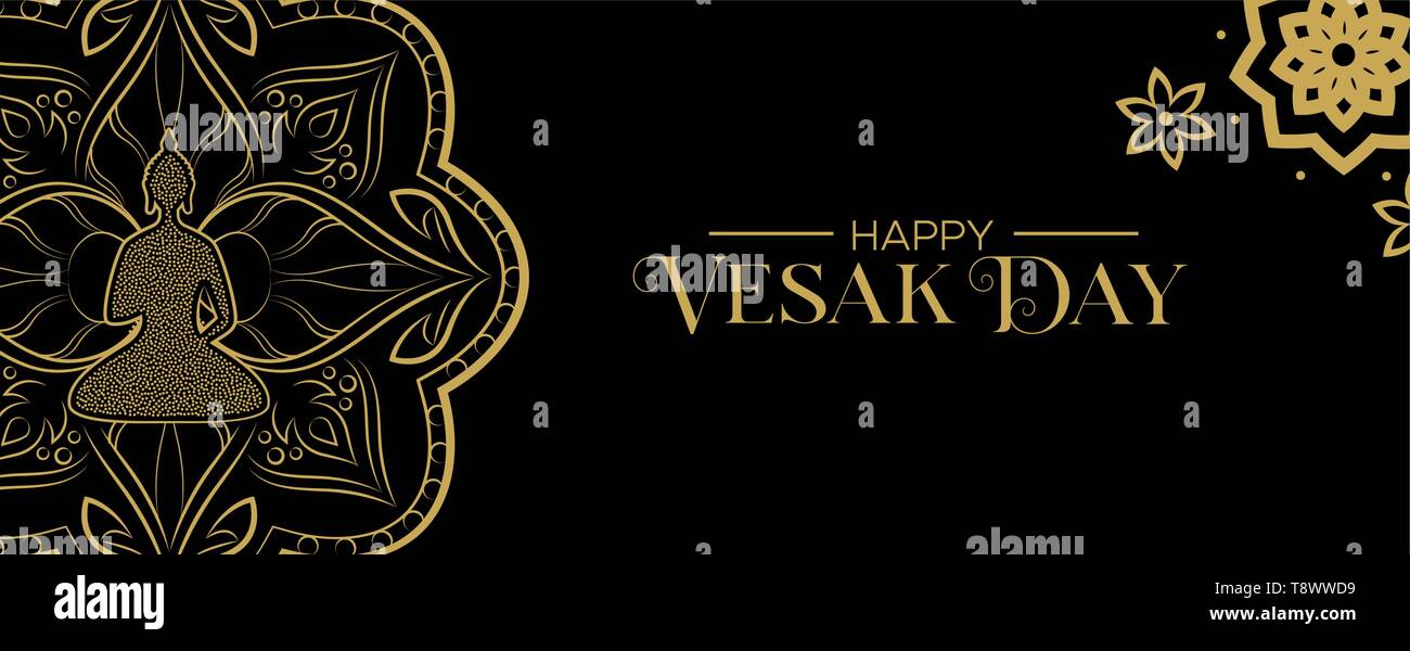 Happy Vesak Day Web Banner für traditionelle hinduistische Fest. Goldene Statue mit Lotus Blume Dekoration. Stock Vektor Happy Vesak Day Web Banner für traditionelle hinduistische Fest. Goldene Statue mit Lotus Blume Dekoration. Stock Vektor