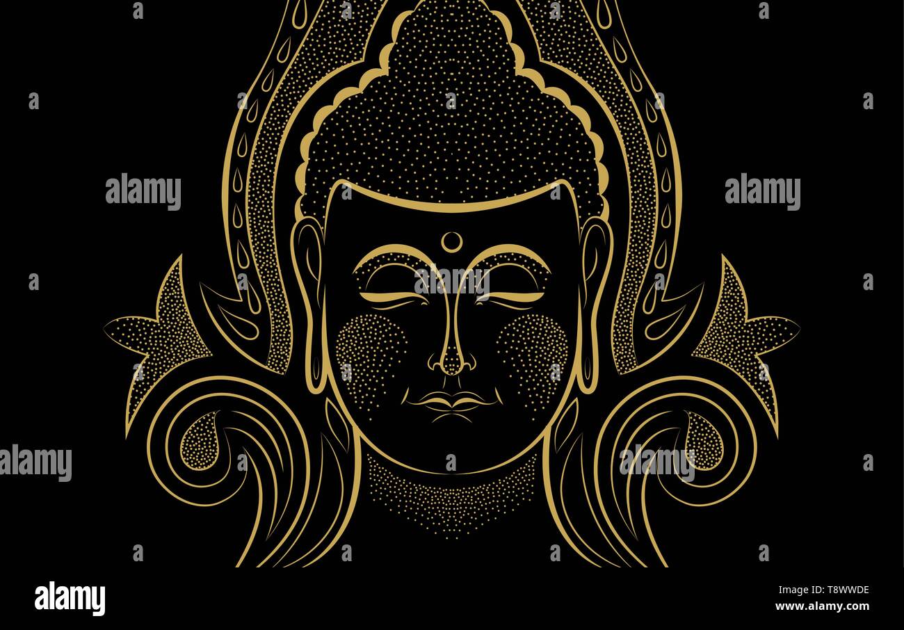 Buddha Gesicht in Gold Farbe auf isolierten schwarzen Hintergrund. Traditionelle buddhistische Religion Kunst für zen Konzept oder der asiatischen Kultur. Stock Vektor