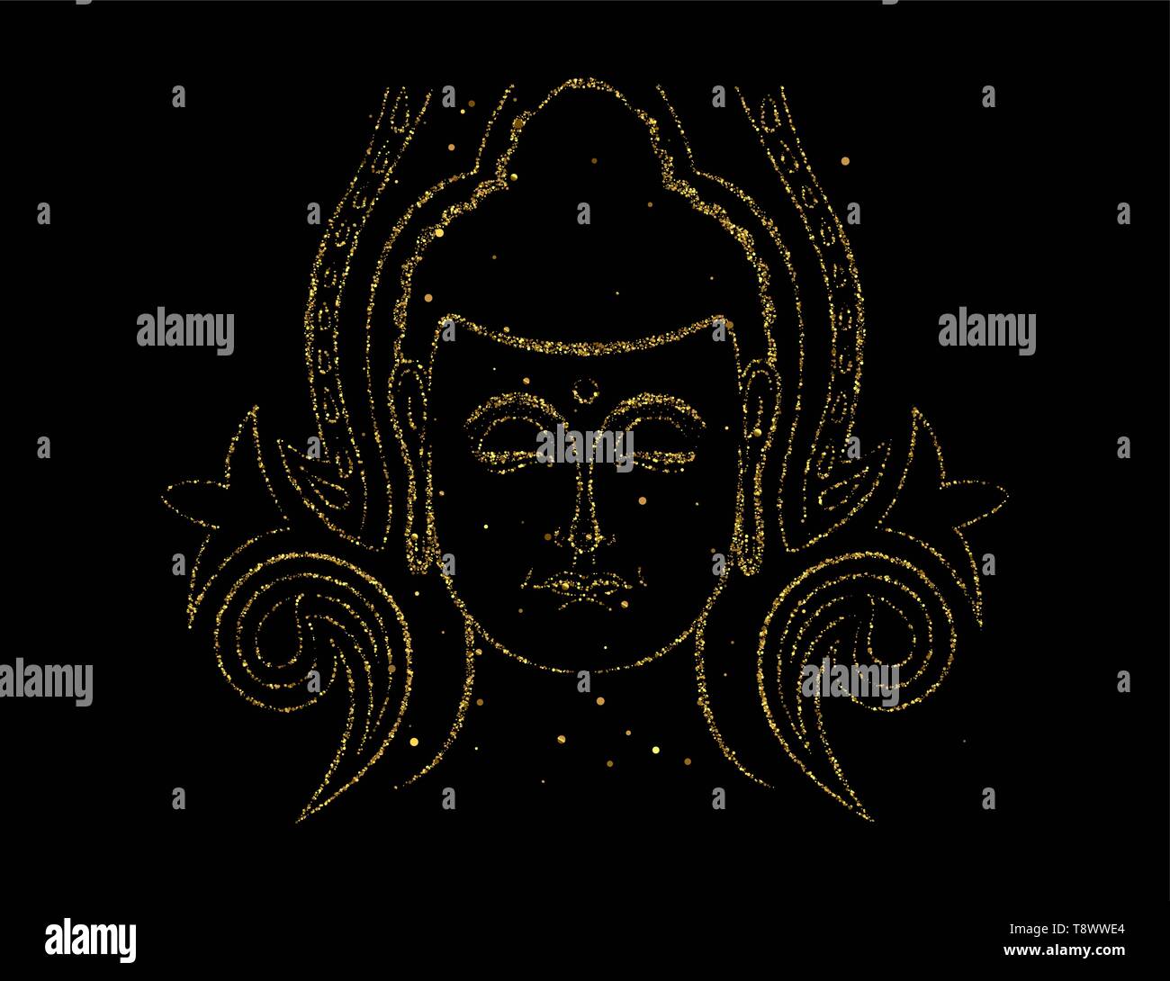 Buddha Gesicht in Gold Farbe auf isolierten schwarzen Hintergrund. Golden glitter Buddhistische Religion Kunst für zen Konzept oder der asiatischen Kultur. Stock Vektor