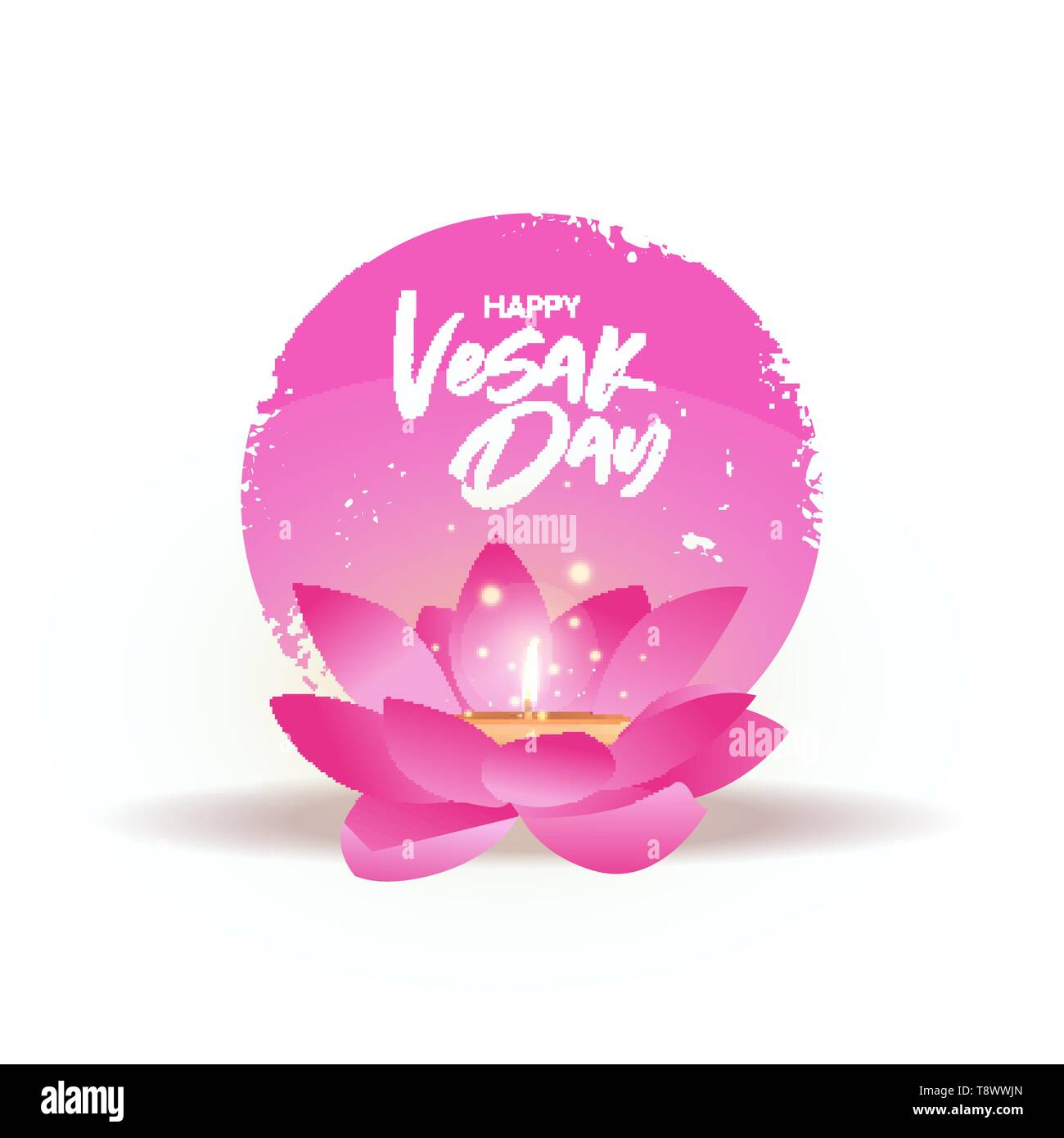 Happy Vesak Day Grußkarte für Buddhas Geburt urlaub Feier. Pink Lotus Blume mit Kerze im Inneren. Stock Vektor