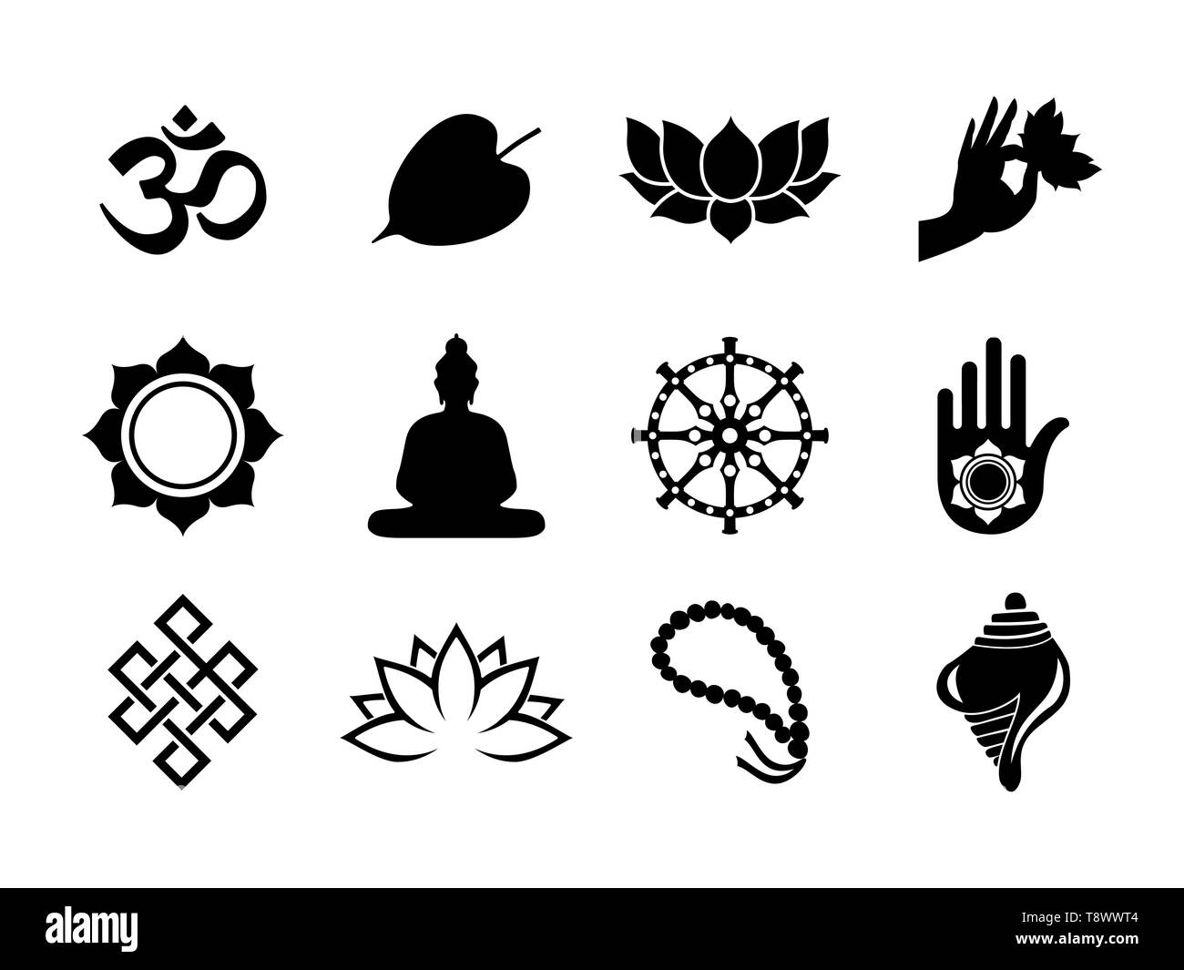 Vesak Day Feier Icon Set. Schwarze Farbe symbol Sammlung auf isolierten Hintergrund. Umfasst Buddha Statue, Bodhi Baum Blatt, Lotus und mehr. Stock Vektor