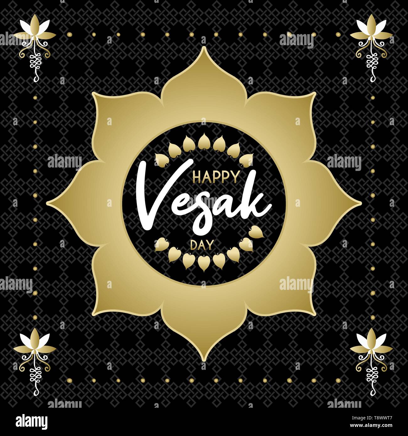 Happy Vesak Day card Abbildung. Gold Lotus Flower und Bodhi Tree leaf Dekoration für Buddhas Geburt feiern. Stock Vektor