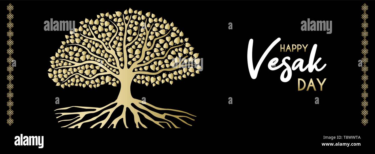 Happy Vesak Day card Abbildung. Gold Bodhi Baum mit Wurzeln und Blättern für Buddhas Geburt feiern. Stock Vektor